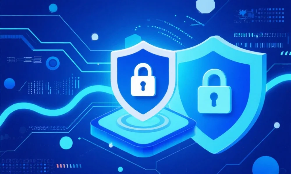 抽象风格的数字安全概念图，蓝色背景下有数据流、加密锁和安全盾牌，象征平台保护用户信息的高科技氛围